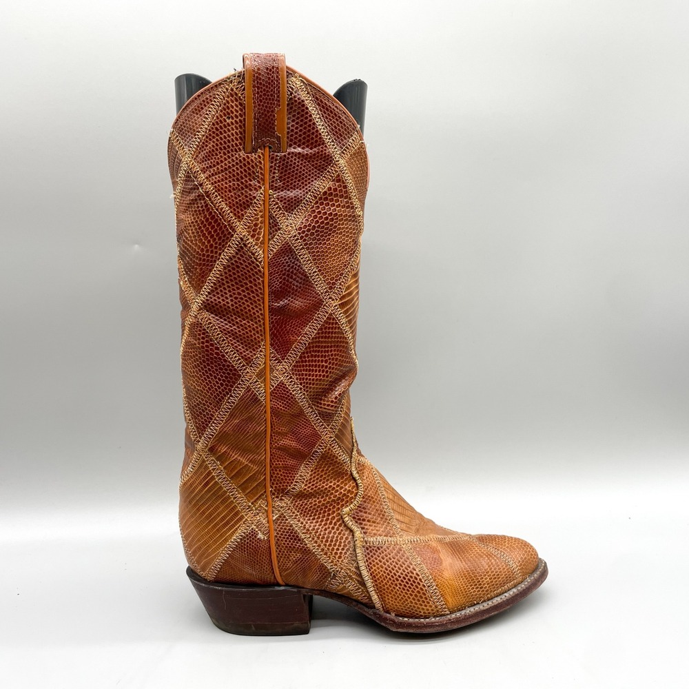 Tony Lama Womens 5.5 D Vintage Lizard Patchwork Cowboy Boots Cognac Exotic Skin